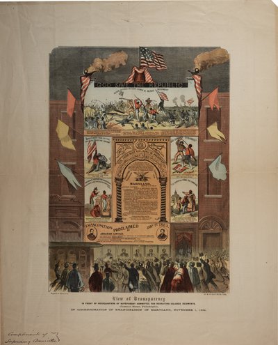 Cartel sobre el reclutamiento de afroamericanos y la celebración de la emancipación en Maryland, Ringwalt & Brown, c.1 de noviembre de 1864 de American School