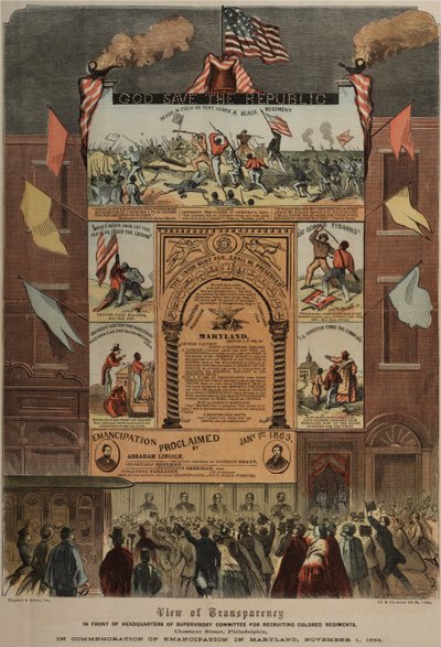 Cartel sobre el reclutamiento de afroamericanos y la celebración de la emancipación en Maryland, Ringwalt & Brown, c.1 de noviembre de 1864 de American School
