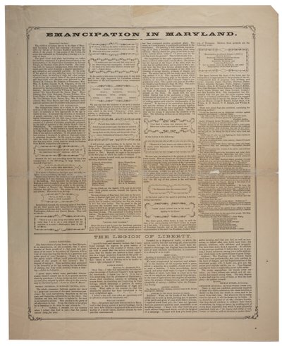 Cartel sobre el reclutamiento de afroamericanos y la celebración de la emancipación en Maryland, Ringwalt & Brown, c.1 de noviembre de 1864 de American School