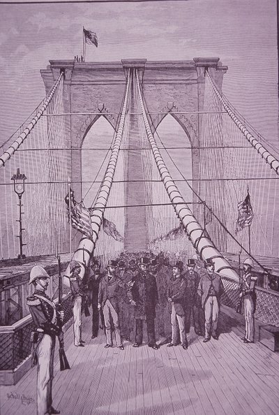 Puente de Brooklyn, el Presidente Arthur en la ceremonia de apertura, 24 de mayo de 1883 (grabado) de American School