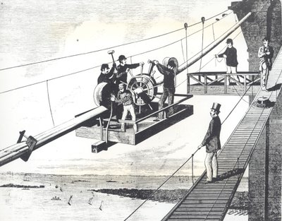 Puente de Brooklyn en construcción en 1876, trenzando los cables de suspensión (grabado) de American School