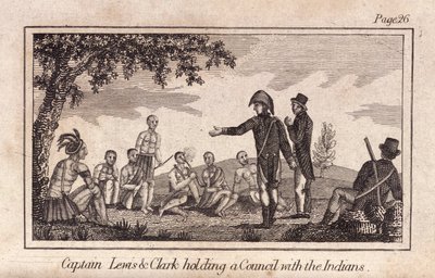 El capitán Lewis y Clarke celebrando un consejo con los indios, pub. 1812 (grabado) de American School