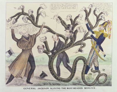Caricatura del General Jackson (1767-1845) matando al monstruo de muchas cabezas, publicada por H.R. Robinson, c.1836 (tinta y pluma, lápiz y acuarela sobre papel) de American School
