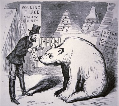 Caricatura que muestra a un político americano tratando de encontrar votantes en Alaska deshabitada de American School