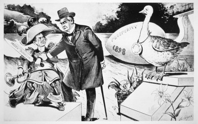 Caricatura que muestra al presidente McKinley tratando de silenciar la 