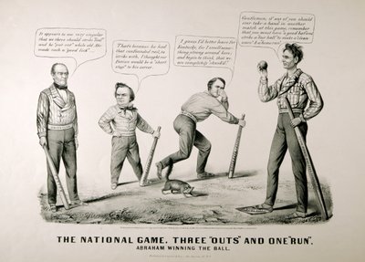 Caricatura mostrando a Abraham Lincoln (1809-65) ganando el balón contra sus oponentes Douglas, Bell y Breckenridge en la Elección Presidencial de 1860, 1860 de American School
