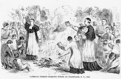 Sacerdotes Católicos Quemando Biblias en Champlain, Nueva York, ilustración de un folleto Anti-Católico, 1842 de American School