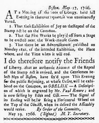 Celebración de la Derogación de la Ley del Timbre, del Boston Gazette, 19 de mayo de 1766 de American School