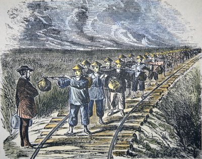 Charles Crocker (1822-88) y su fuerza laboral china construyendo el Ferrocarril Central del Pacífico, completado en 1869 de American School