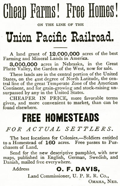 Granjas Baratas y Hogares Gratis en la línea del Ferrocarril Union Pacific, anuncio de Appletons Journal, 4 de mayo de 1872 de American School