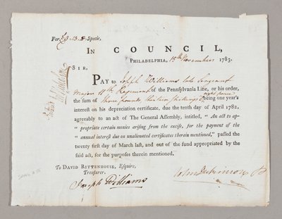 Cheque por tres libras y trece chelines a Joseph Williams, 13 de noviembre de 1783 de American School