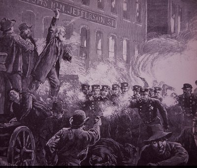 Motín laboral de Haymarket en Chicago de 1886, grabado publicado en Harper