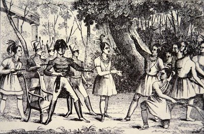 El Jefe Tecumseh (1768-1813) desafiando al General Harrison (1773-1841) de American School