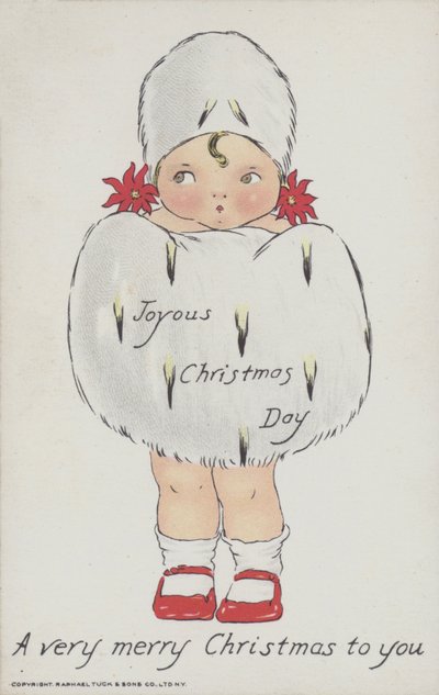 Tarjeta de felicitación navideña que representa a un niño con manguito y gorro de piel navideños. (cromolito) de American School