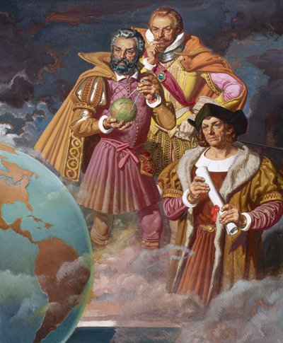 Cristóbal Colón, Fernando de Magallanes y Vasco de Gama, c.1940 (litografía en color) de American School