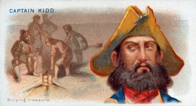 Tarjeta de cigarrillos Capitán Kidd, enterrando tesoro, pub. 1888 litografía en color de American School