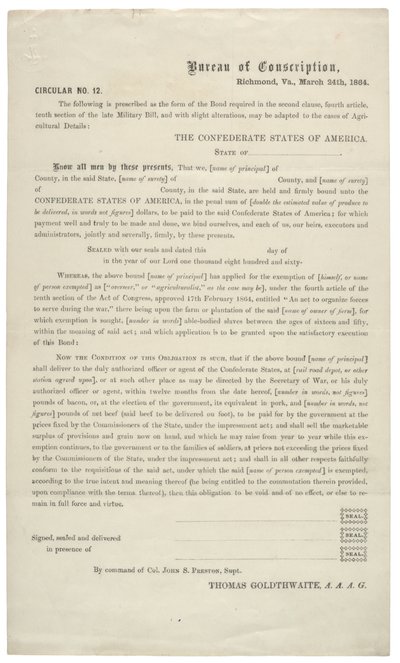 Circular no. 12, una solicitud en blanco para la exención del servicio en el Ejército Confederado, 24 de marzo de 1864 de American School