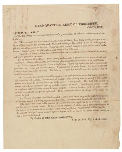 Circular sobre la construcción y fortificación de reductos utilizados por el Ejército de Tennessee, 7 de julio de 1864 de American School