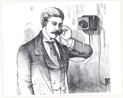 Teléfono condensador en uso, de The Electric Telephone por George Bartlett Prescott (n.1830), 1890 de American School