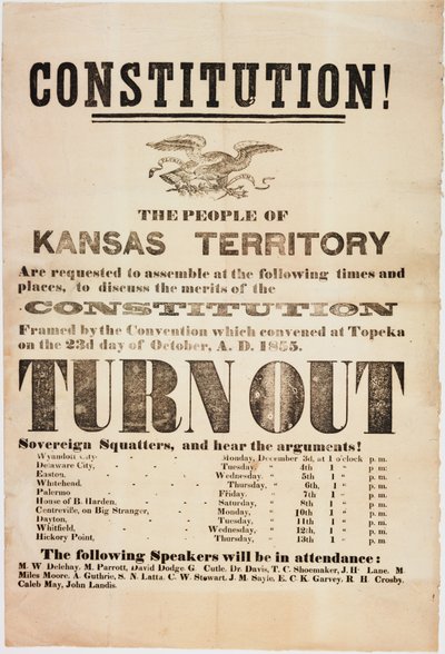 ¡Constitución! Se solicita a la gente del Territorio de Kansas que se reúna..., impreso por E. C. K. Garvey & Co., c.23 de octubre de 1855 de American School