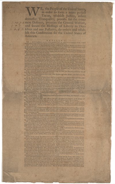Constitución, primera impresión, impresa por Dunlap & Claypoole, 17-19 de septiembre de 1787 de American School