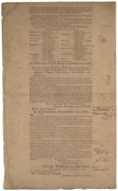Constitución, primera impresión, impresa por Dunlap & Claypoole, 17-19 de septiembre de 1787 de American School