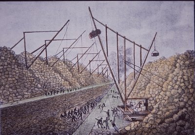 Grúas de construcción cerca de Lockport, Canal Erie de American School