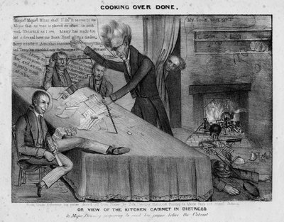 Cocina sobrecocinada, o, Vista del gabinete de cocina en apuros, c.1833 de American School