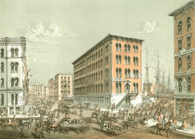 Esquina de Clark y South Water Street, de Chicago Illustrated, con descripciones literarias de James W. Sheahan, publicado por Jevne & Almini, Chicago, 1866-67 de American School