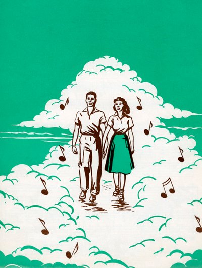 Pareja caminando entre nubes rodeada de notas musicales de American School