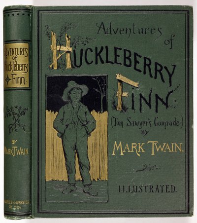 Portada de Las aventuras de Huckleberry Finn de Mark Twain, primera edición americana, publicada por Charles L. Webster, 1885 de American School
