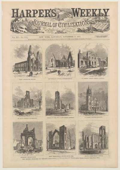 Portada de Harpers Weekly mostrando escenas de las iglesias arruinadas de Chicago, 11 de noviembre de 1871 de American School