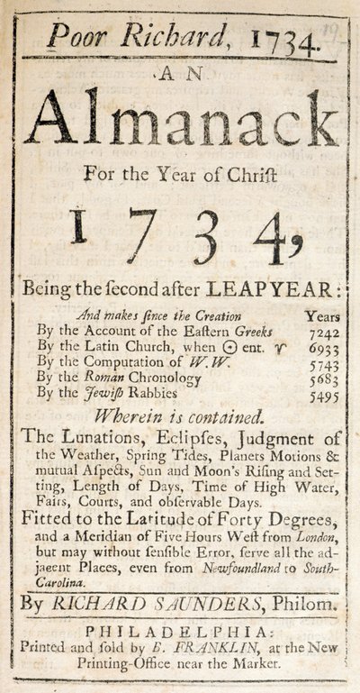 Portada de Pobre Ricardo, un Almanaque, 1734 de American School