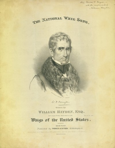 Portada de la hoja The National Whig Song, por William Hayden, publicado por Parker & Diston, Boston, 1840 de American School