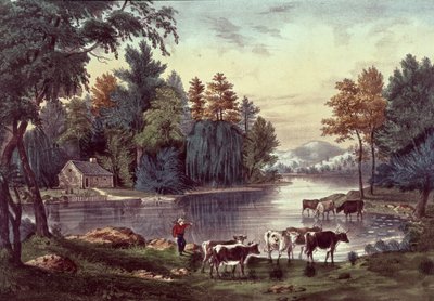 Vacas en la orilla de un lago, publicado por Nathaniel Currier y James Merritt Ives de American School