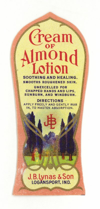 Crema de Loción de Almendra, etiqueta, J B Lynas & Son de American School
