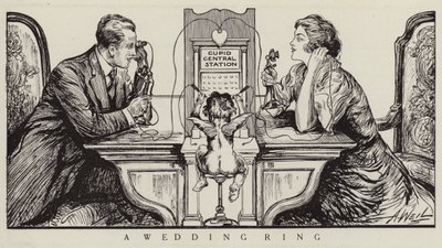 Cupido orquestando una llamada telefónica entre un hombre y una mujer (litografía) de American School