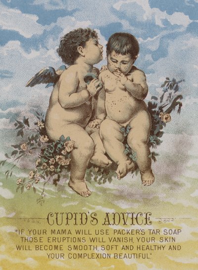 Consejo de Cupido, tarjeta comercial americana que anuncia el jabón de alquitrán Packers de American School