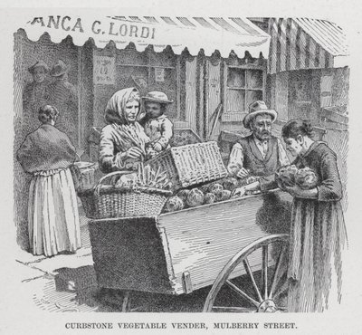 Vendedor de vegetales en la acera, Mulberry Street (litografía) de American School