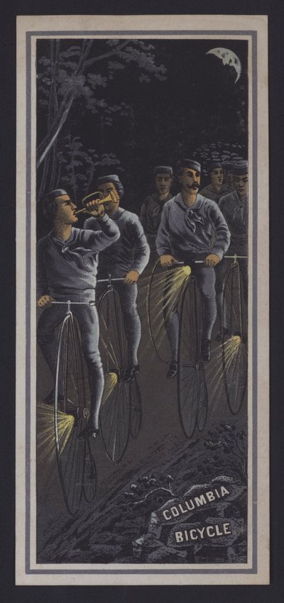 Ciclistas montando de noche (litografia en color) de American School
