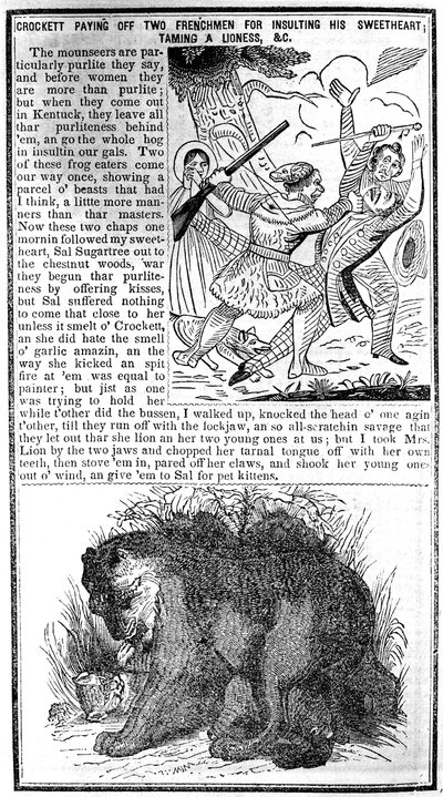 Davy Crockett Pagando a Dos Franceses por Insultar a su Novia, Domando a una Leona, etc., ilustración de Crocketts Almanack de American School