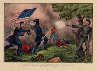 Muerte del Coronel Edward D. Baker, en la Batalla de Balls Bluff cerca de Leesburg VA., 21 de octubre de 1861, pub. por Currier & Ives, c.1861 de American School
