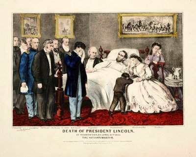 Muerte del Presidente Lincoln, en Washington, DC, 15 de abril de 1865, pub. 1865 litografía en color de American School