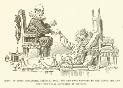 Muerte de la Reina Isabel, 24 de marzo de 1603, Durante diez días antes de su muerte estuvo acostada en el suelo apoyada por cojines de American School