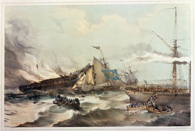 Destrucción del barco emigrante Ocean Monarch, grabado por Maclure, 1845 de American School