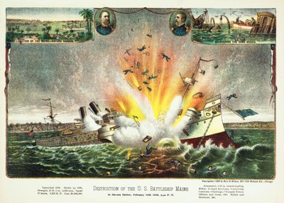 Destrucción del acorazado estadounidense Maine en el puerto de La Habana, 15 de febrero de 1898, pub. 1898 de American School