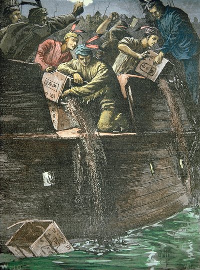 Destrucción de los cargamentos de té, conocido como el Boston Tea Party de American School