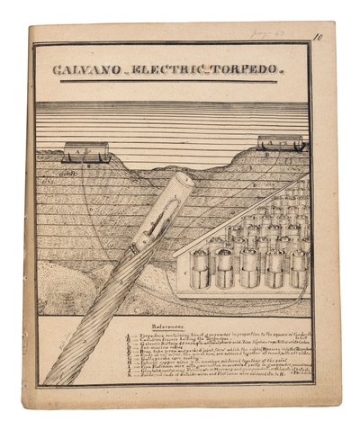 Diagrama del torpedo eléctrico Galvano de Rains (pluma y tinta sobre papel) de American School