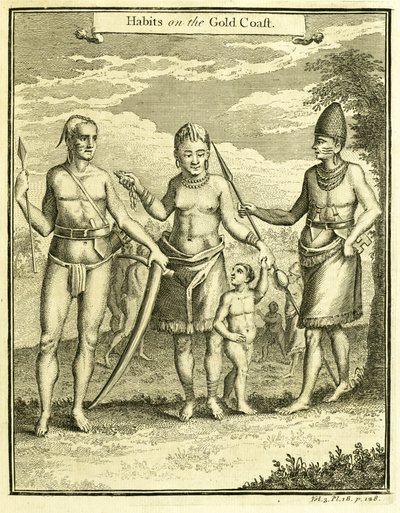 Vestimenta de la gente de Cabo Lope Gonsalvo y Río Gabón, ilustración de "Hábitos en la Costa de Oro", por Thomas Astley, 1745-47 de American School