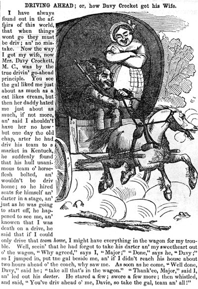 Avanzando, o Cómo Davy Crockett Consiguió a su Esposa, de Crocketts almanac para 1856, publicado en Nueva York, 1855 de American School